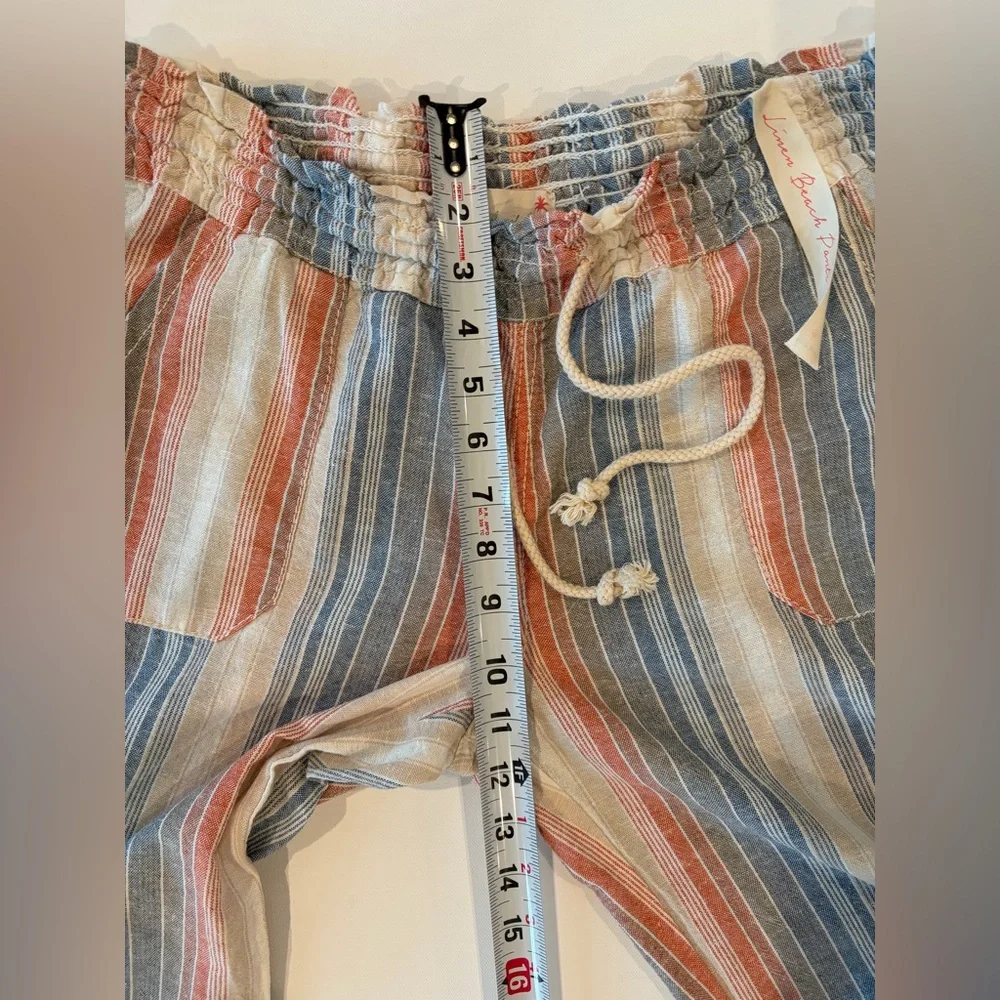 April Kiss Smocked Waist Boho Linen Cotton Blend Large Beach Pants Blue Orange - Picture 5 of 14